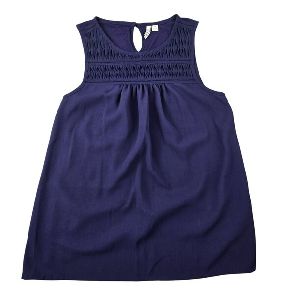 Elle Womens Blue Top Sleeveless Blouse Size M Keyhole Back Smocked Yoke JH1831 - Picture 1 of 7